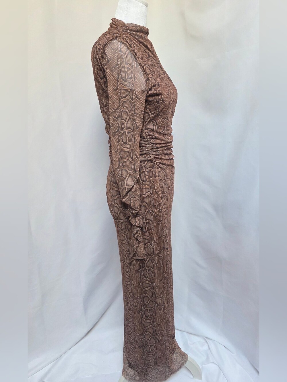 Zara Snake Print Ruched Maxi Dress Sheer Long Sleeve Size S - Picture 2 of 6
